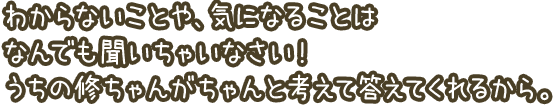 わからないことや気になることはなんでも聞いちゃいなさい！うちの修ちゃんがちゃんと考えて答えてくれるから。